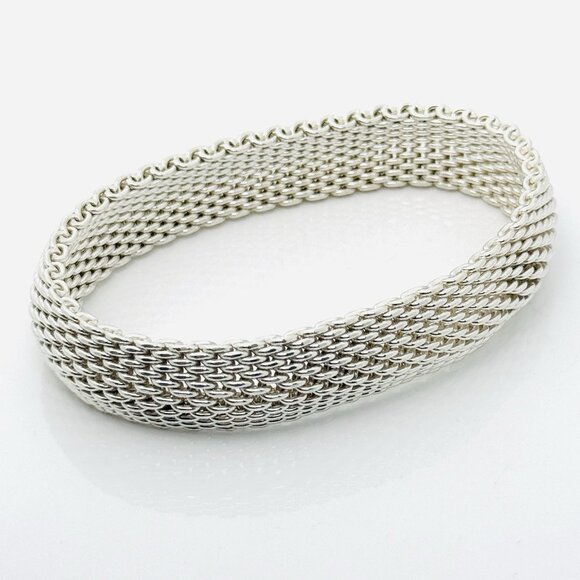 8" Large Tiffany & Co Silver Somerset Mesh Weave Flexible Bangle Bracelet - Picture 1 of 6